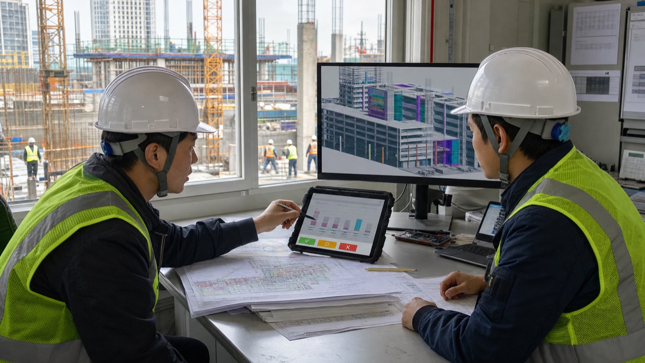 건설현장 담당자들이 BIM 모델의 물량과 ERP 예산·발주·기성 편차를 검토하는 가상 현장