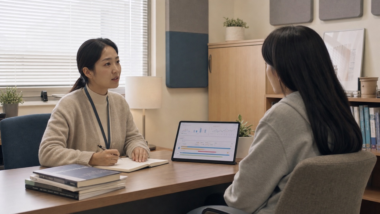 대학 상담 담당자들이 비식별 ERP·LMS·출결 데이터의 상담 후보 근거를 검토하는 가상 현장