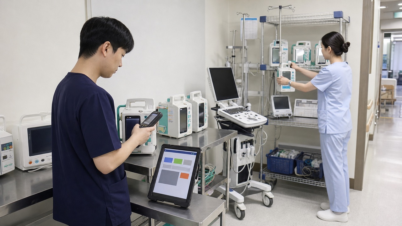 병원 의공 담당자가 보관 중인 의료장비의 대여·소독·점검 상태를 스캔하는 가상 현장